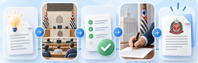 Proposta, Assembleia, aprovação, sanção e publicação, em cinco quadros ligados por setas