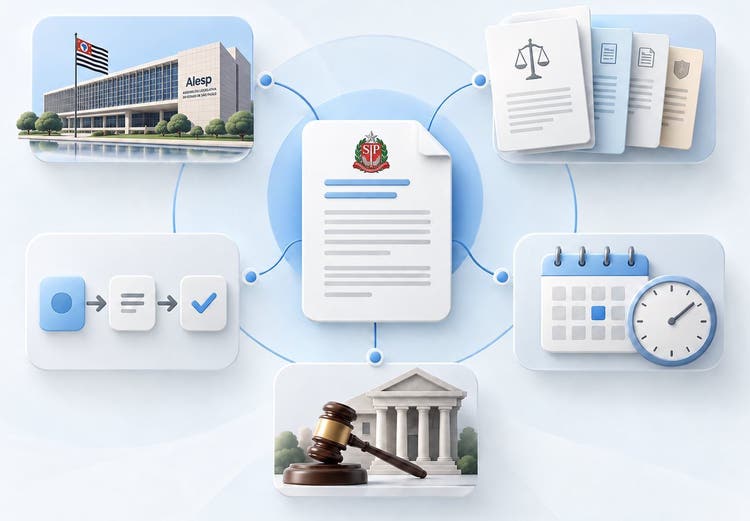 Uma norma no centro, ligada a cinco relações: competência, espécie, processo, tempo e controle